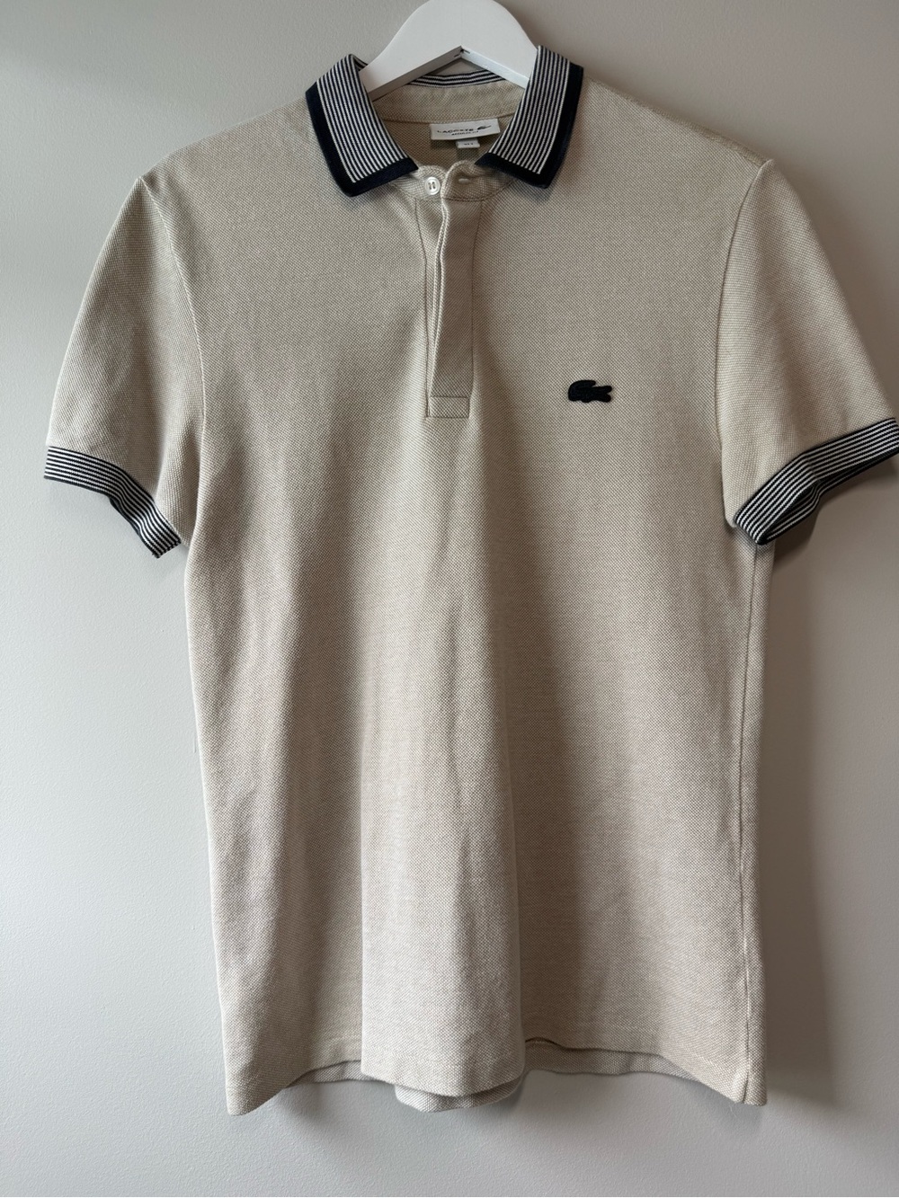 Lacoste Beige Polo with Black-Trim Striped Collar Men’s Small